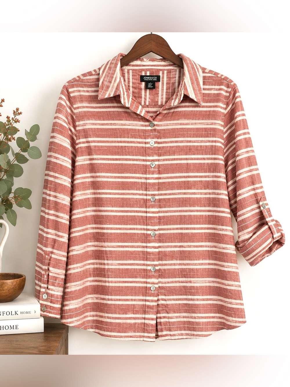 Vintage Jones New York Linen Blend Brick Stripe Tab Sleeve Blouse L